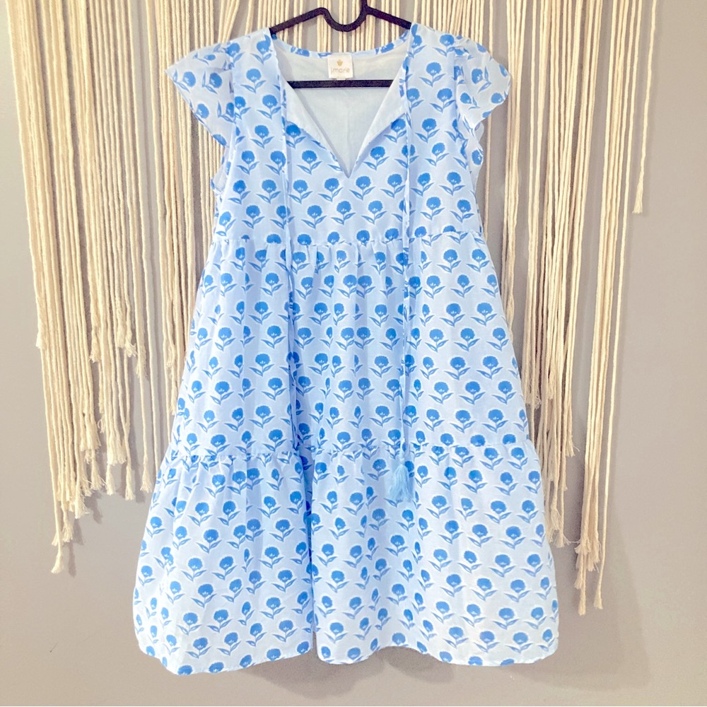 J. Marie Eloise Dress Size M Blue Floral Pattern Flowy Ruffle Sleeve